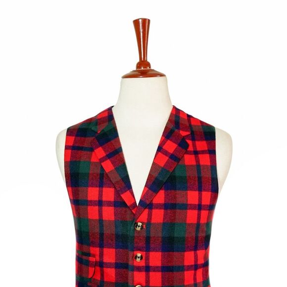 Mens 46R Plaid Wool Waistcoat Vest Red Blue Green Formal Wedding Business Party - Picture 3 of 8